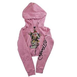 Y2K ED HARDY  PINK CROPPED ZIP UP HOODIE Size L